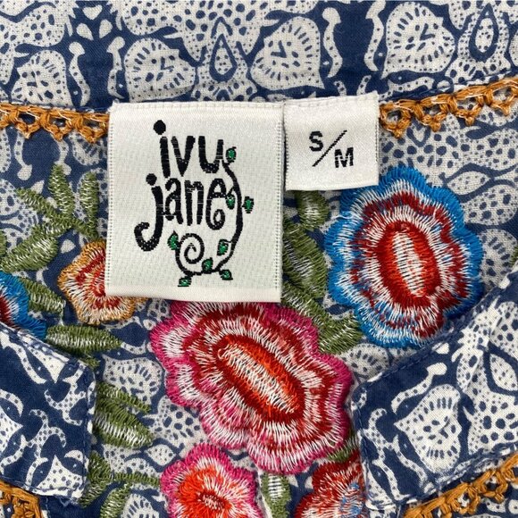 Ivy Jane Top Womens Small Medium Blue Floral Embroidered Short Tiered Sleeves - Picture 3 of 9